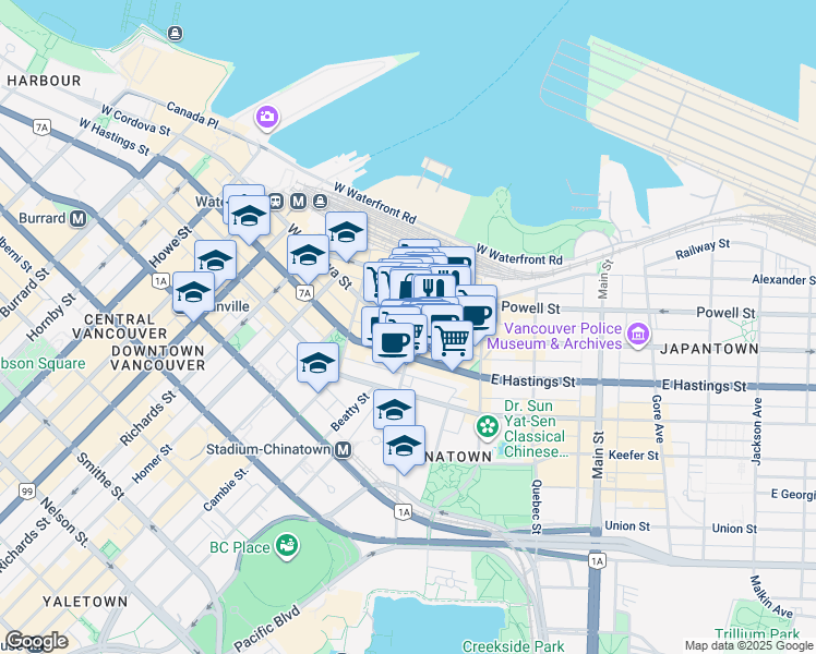 map of restaurants, bars, coffee shops, grocery stores, and more near 108 West Cordova Street in Vancouver