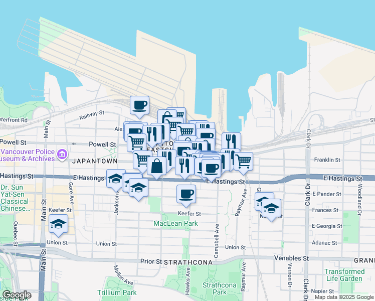map of restaurants, bars, coffee shops, grocery stores, and more near 837 East Cordova Street in Vancouver