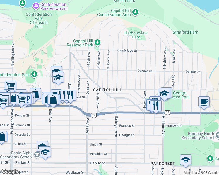 map of restaurants, bars, coffee shops, grocery stores, and more near 5111 Pandora Street in Burnaby