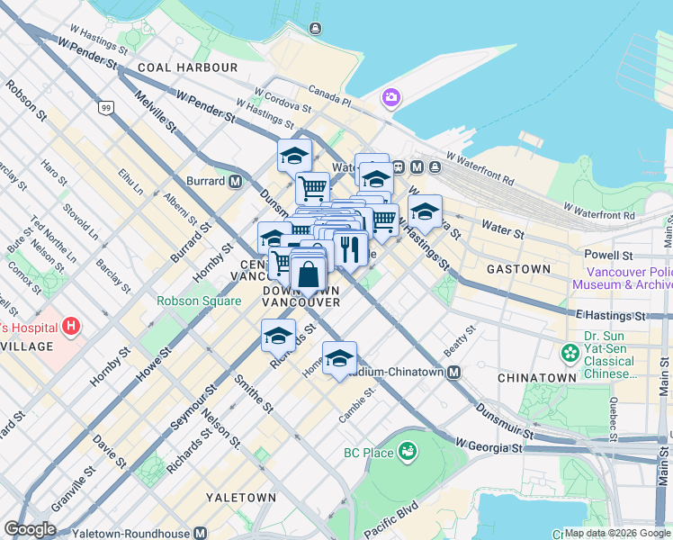 map of restaurants, bars, coffee shops, grocery stores, and more near 570 Dunsmuir Street in Vancouver