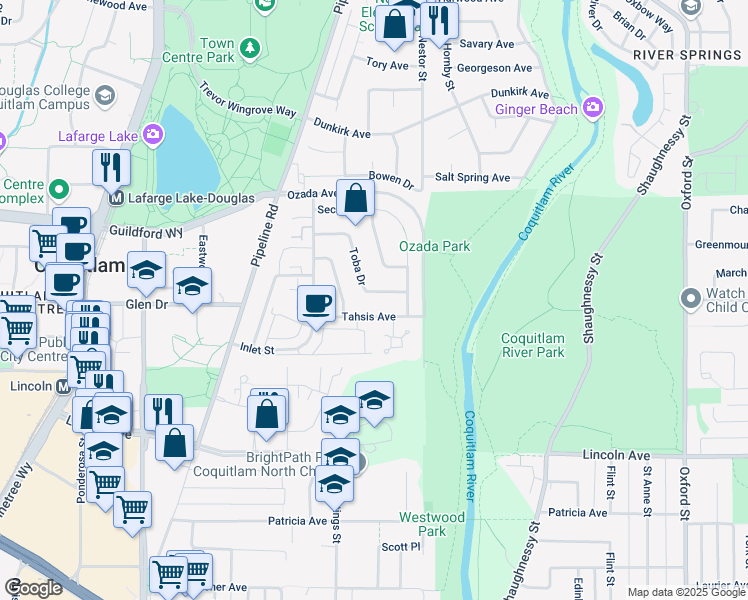 map of restaurants, bars, coffee shops, grocery stores, and more near 3196 Toba Drive in Coquitlam