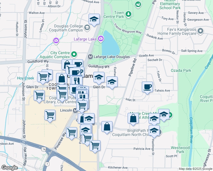 map of restaurants, bars, coffee shops, grocery stores, and more near in Coquitlam