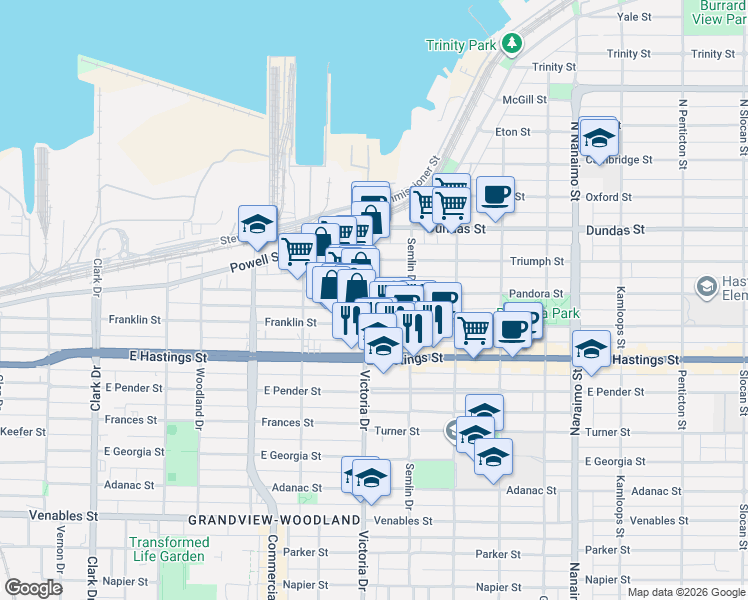 map of restaurants, bars, coffee shops, grocery stores, and more near 1930 Pandora Street in Vancouver