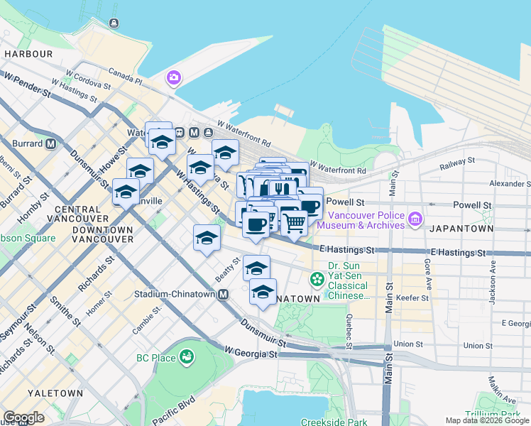 map of restaurants, bars, coffee shops, grocery stores, and more near in Vancouver