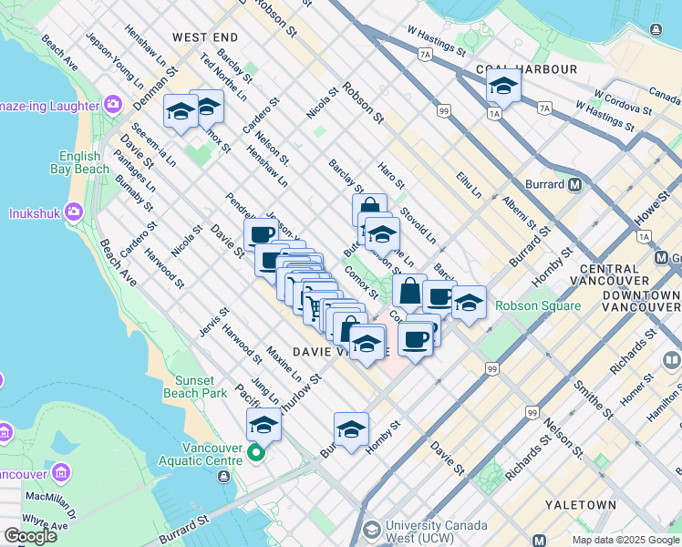 map of restaurants, bars, coffee shops, grocery stores, and more near in Vancouver