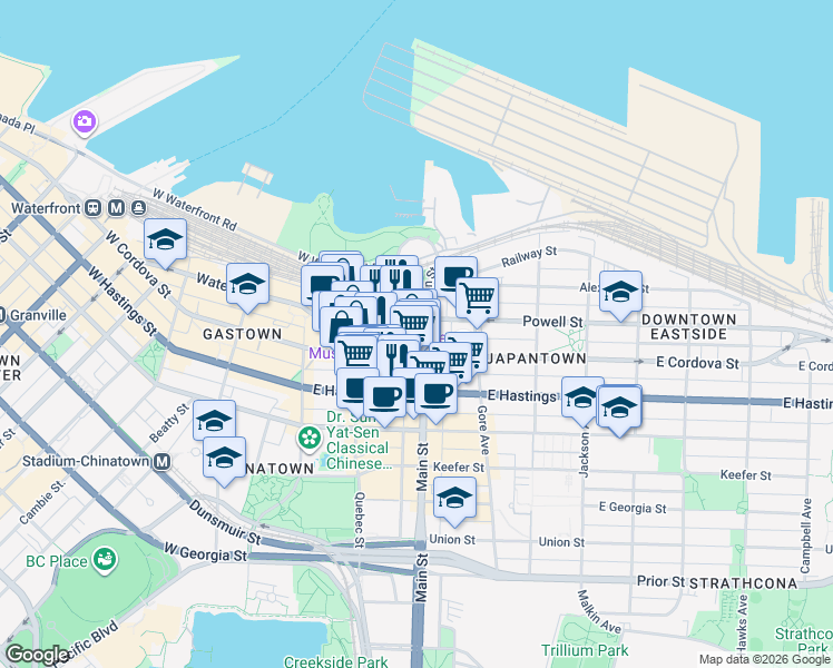 map of restaurants, bars, coffee shops, grocery stores, and more near in Vancouver