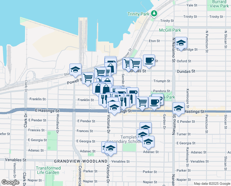 map of restaurants, bars, coffee shops, grocery stores, and more near in Vancouver