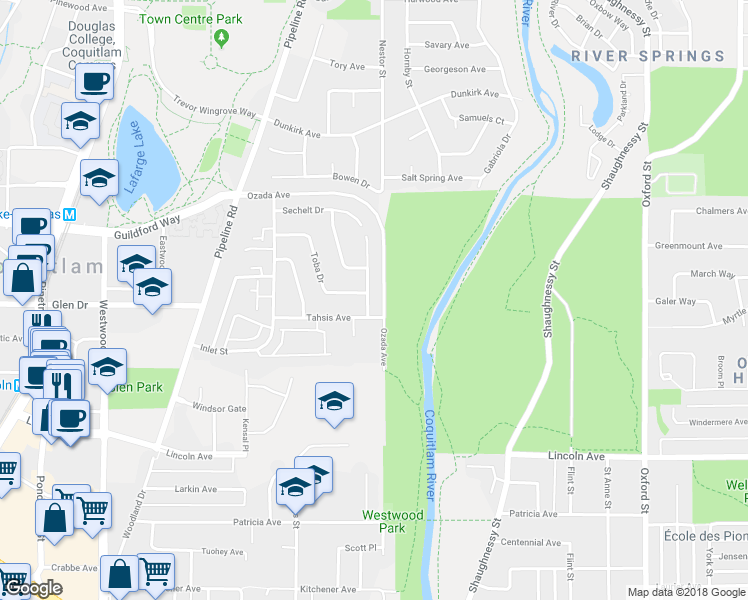 map of restaurants, bars, coffee shops, grocery stores, and more near 1155 Esperanza Drive in Coquitlam