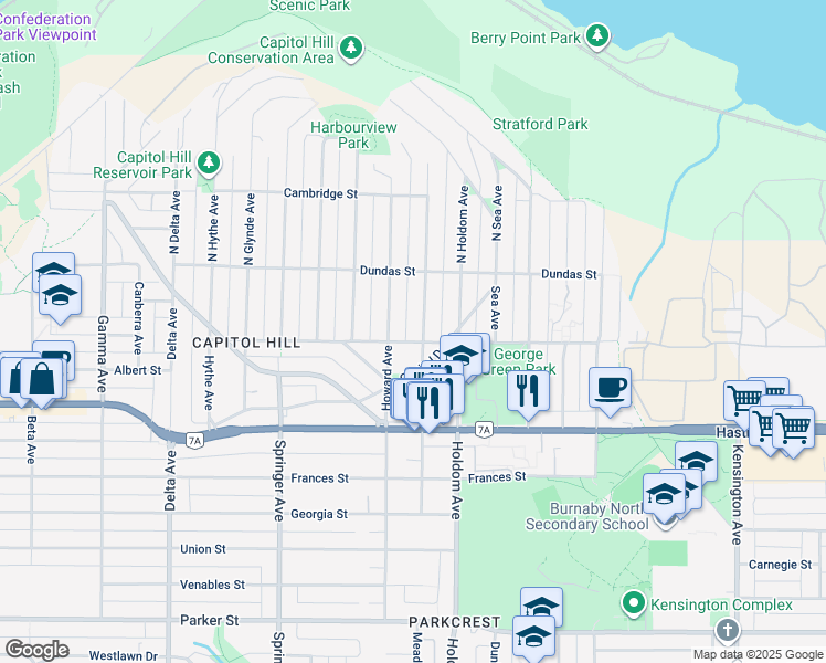 map of restaurants, bars, coffee shops, grocery stores, and more near 155 Ellesmere Avenue in Burnaby