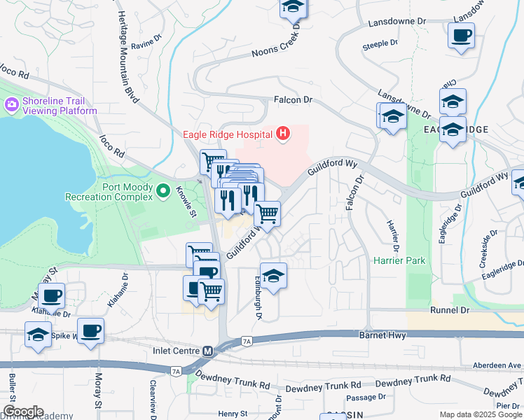 map of restaurants, bars, coffee shops, grocery stores, and more near 295 Guildford Way in Port Moody