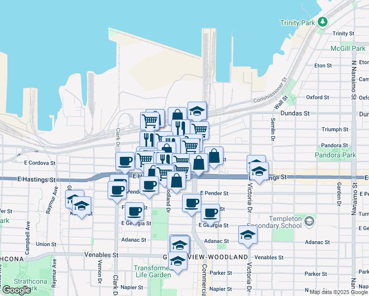 map of restaurants, bars, coffee shops, grocery stores, and more near in Vancouver