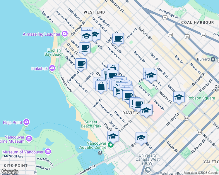 map of restaurants, bars, coffee shops, grocery stores, and more near 1209 Jervis Street in Vancouver