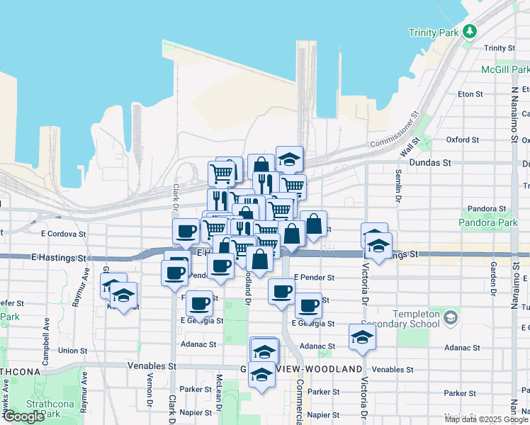 map of restaurants, bars, coffee shops, grocery stores, and more near in Vancouver
