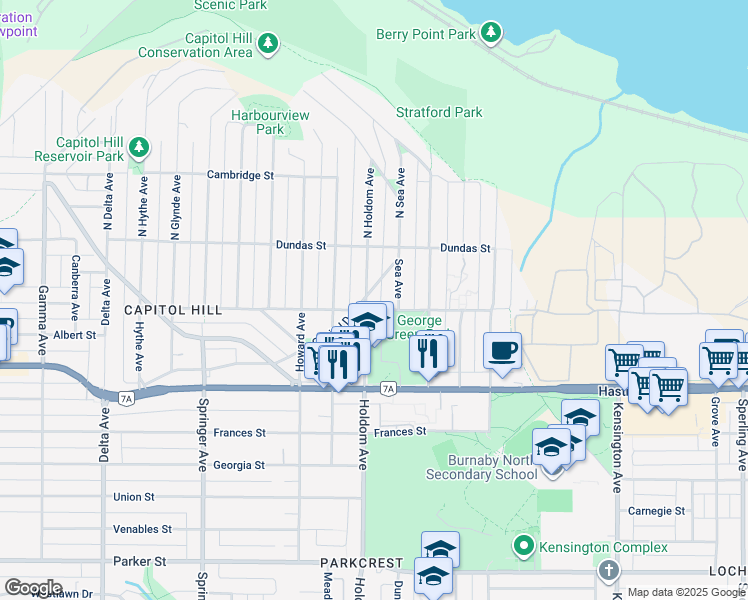 map of restaurants, bars, coffee shops, grocery stores, and more near 168 Holdom Avenue in Burnaby