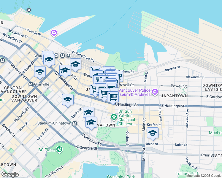 map of restaurants, bars, coffee shops, grocery stores, and more near 229 Carrall Street in Vancouver