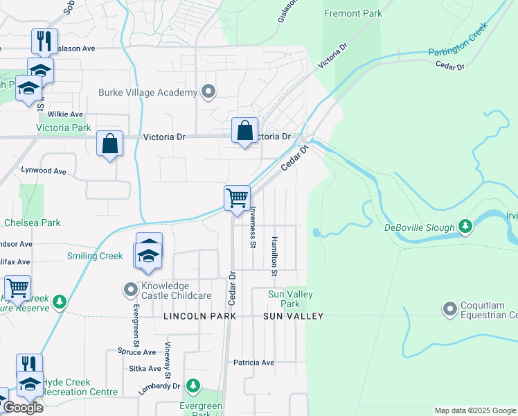 map of restaurants, bars, coffee shops, grocery stores, and more near 3944 Inverness Street in Port Coquitlam