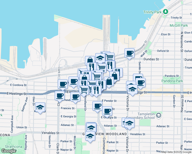 map of restaurants, bars, coffee shops, grocery stores, and more near in Vancouver