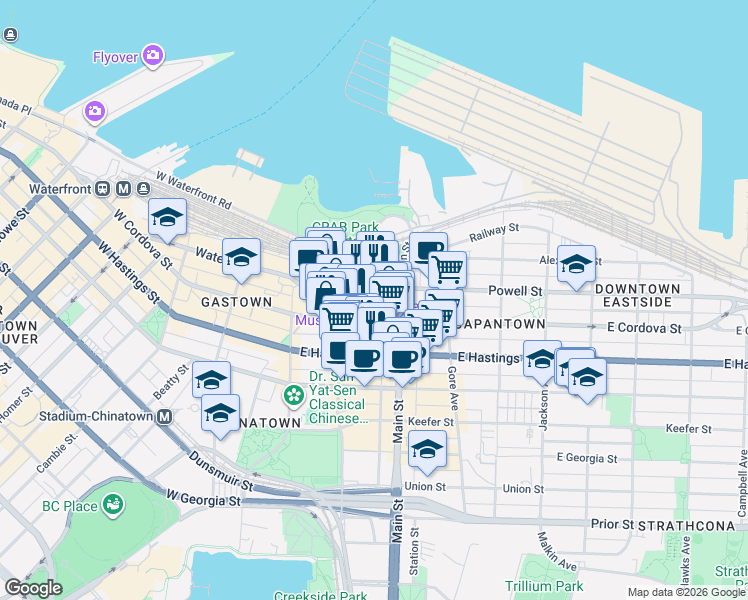 map of restaurants, bars, coffee shops, grocery stores, and more near 168 Powell Street in Vancouver