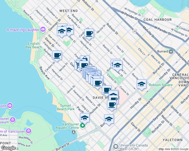 map of restaurants, bars, coffee shops, grocery stores, and more near 1234 Pendrell Street in Vancouver