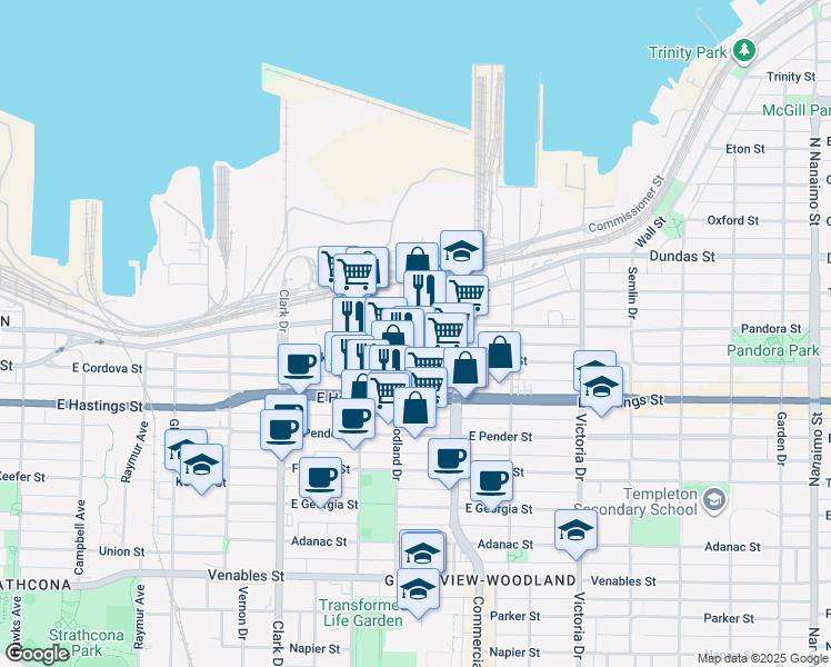 map of restaurants, bars, coffee shops, grocery stores, and more near in Vancouver