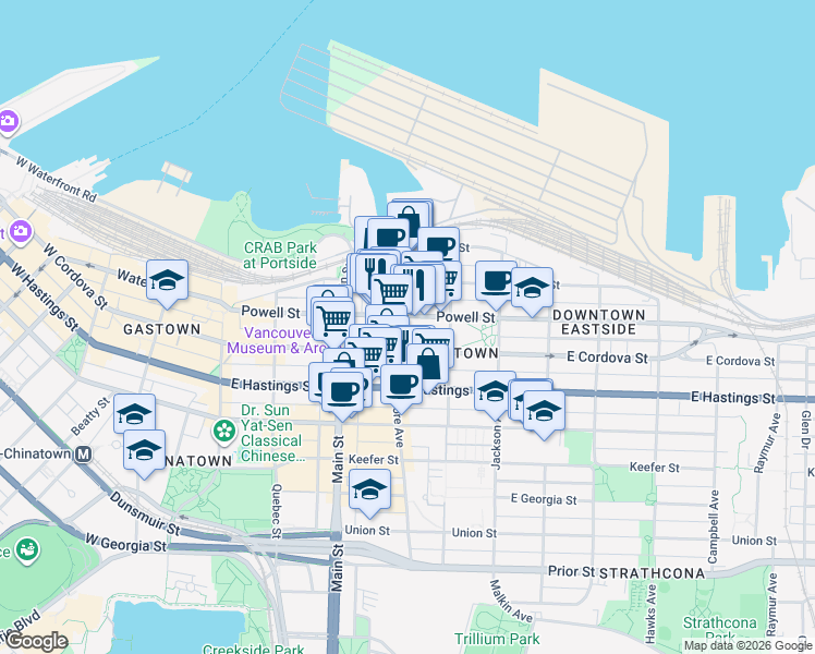 map of restaurants, bars, coffee shops, grocery stores, and more near in Vancouver