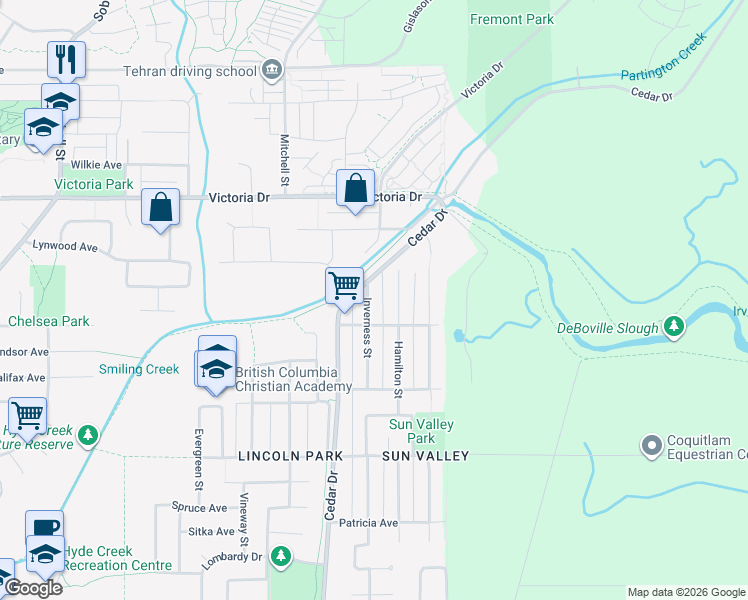 map of restaurants, bars, coffee shops, grocery stores, and more near 3944 Inverness Street in Port Coquitlam