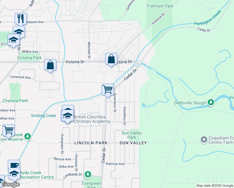 map of restaurants, bars, coffee shops, grocery stores, and more near 3944 Inverness Street in Port Coquitlam