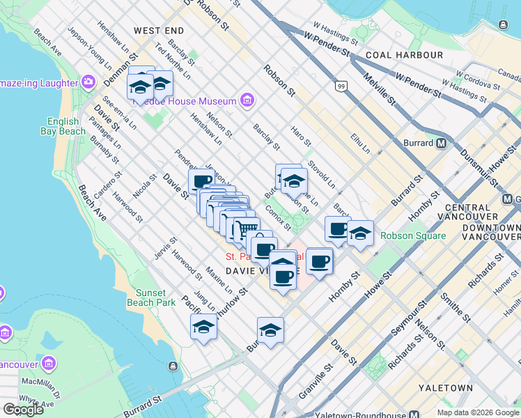 map of restaurants, bars, coffee shops, grocery stores, and more near 1086 Bute Street in Vancouver