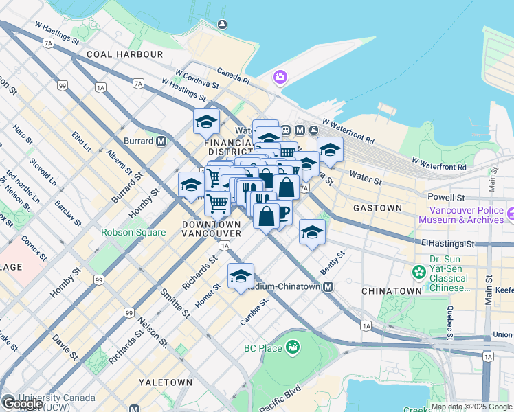 map of restaurants, bars, coffee shops, grocery stores, and more near in Vancouver