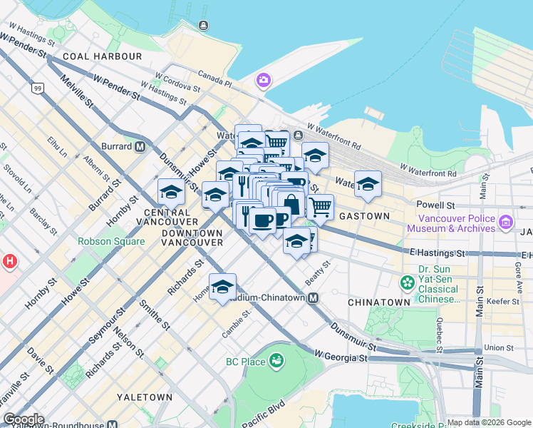 map of restaurants, bars, coffee shops, grocery stores, and more near 424 West Pender Street in Vancouver