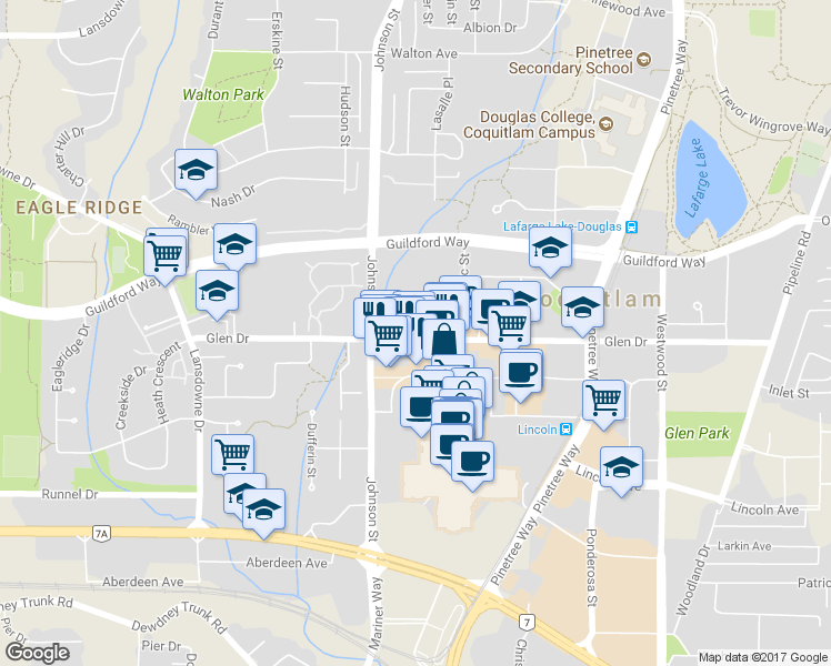 map of restaurants, bars, coffee shops, grocery stores, and more near 2918 Glen Drive in Coquitlam