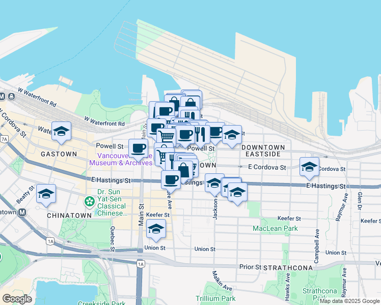 map of restaurants, bars, coffee shops, grocery stores, and more near in Vancouver