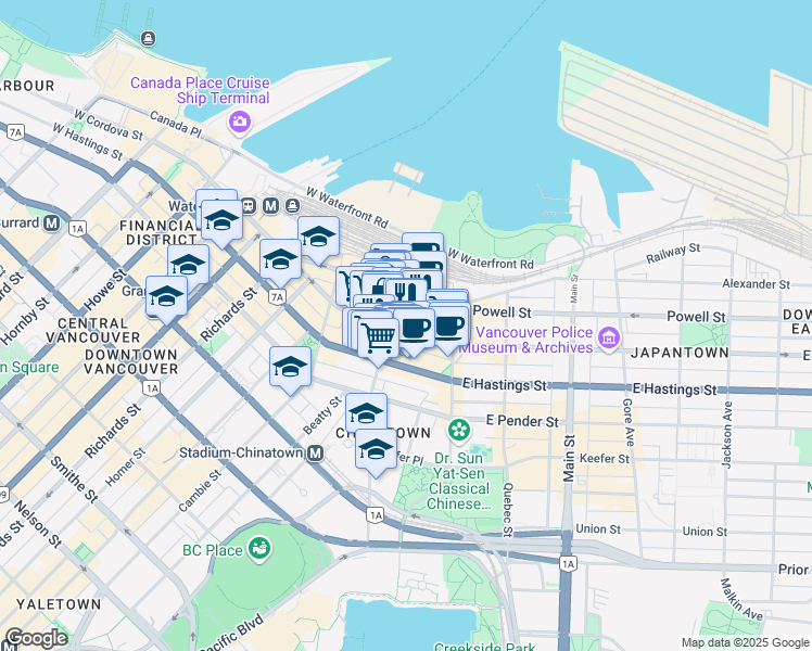 map of restaurants, bars, coffee shops, grocery stores, and more near 111 West Hastings Street in Vancouver