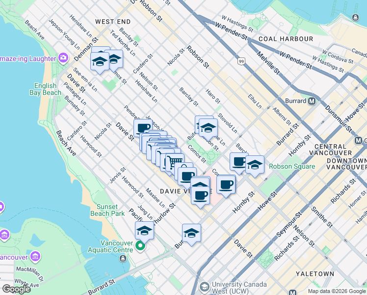 map of restaurants, bars, coffee shops, grocery stores, and more near in Vancouver