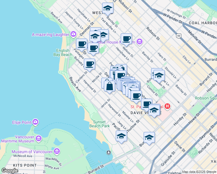 map of restaurants, bars, coffee shops, grocery stores, and more near 1365 Burnaby Street in Vancouver