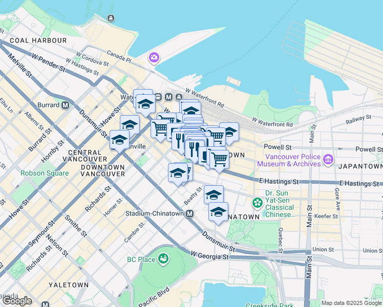 map of restaurants, bars, coffee shops, grocery stores, and more near in Vancouver