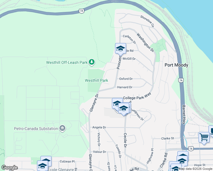 map of restaurants, bars, coffee shops, grocery stores, and more near 3 Simon Fraser Court in Port Moody