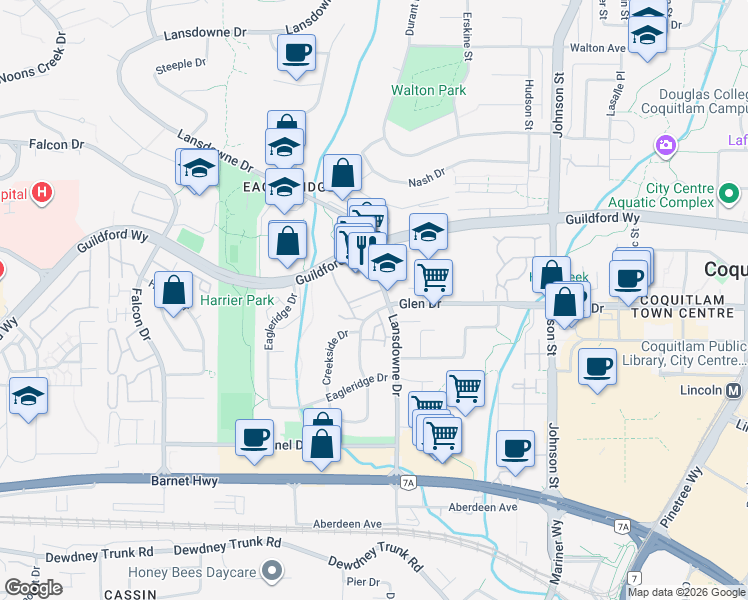 map of restaurants, bars, coffee shops, grocery stores, and more near 1176 Lansdowne Drive in Coquitlam