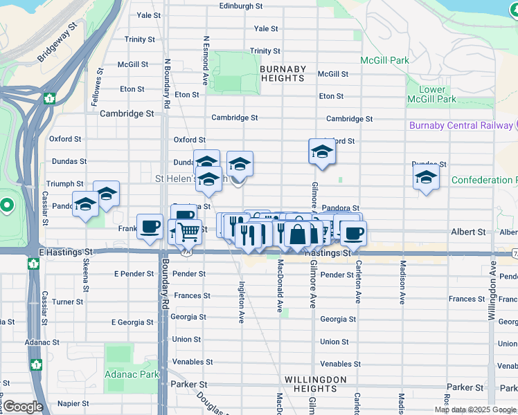 map of restaurants, bars, coffee shops, grocery stores, and more near 3934 Pandora St in Burnaby