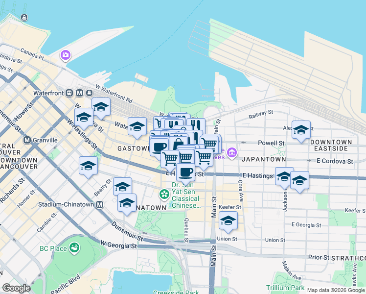 map of restaurants, bars, coffee shops, grocery stores, and more near in Vancouver
