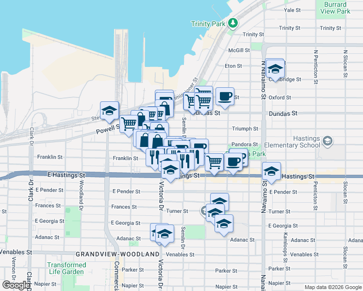 map of restaurants, bars, coffee shops, grocery stores, and more near 1990 Pandora Street in Vancouver