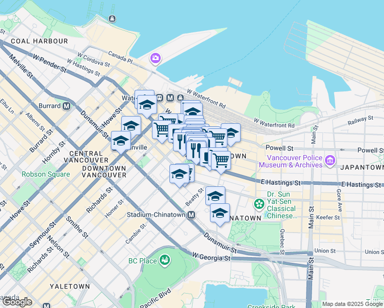 map of restaurants, bars, coffee shops, grocery stores, and more near 207 West Hastings Street in Vancouver