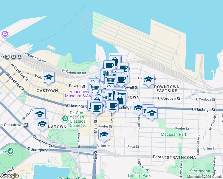 map of restaurants, bars, coffee shops, grocery stores, and more near in Vancouver