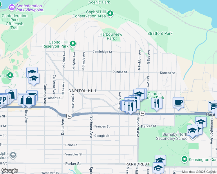 map of restaurants, bars, coffee shops, grocery stores, and more near 137 Grosvenor Avenue in Burnaby