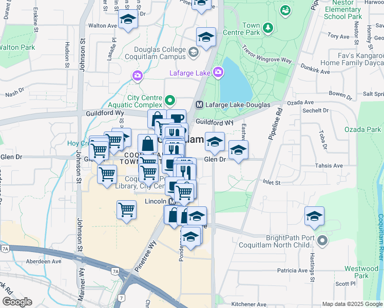 map of restaurants, bars, coffee shops, grocery stores, and more near 3029 Glen Drive in Coquitlam