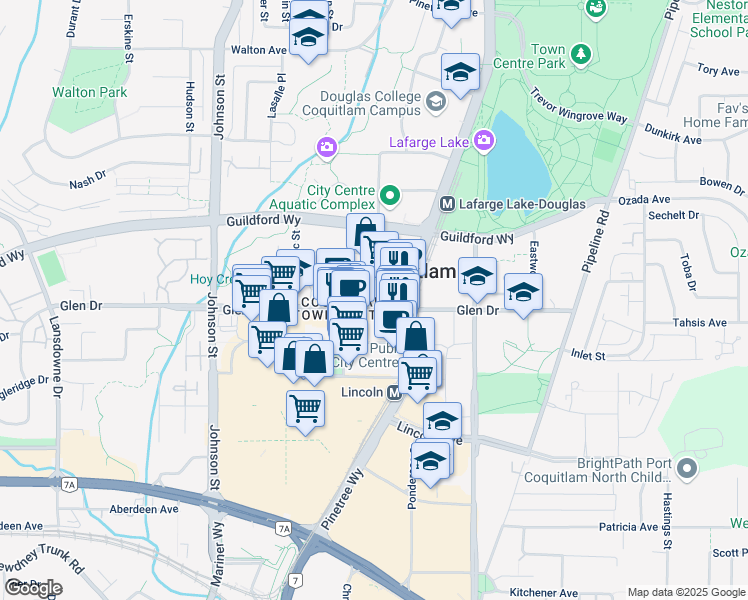 map of restaurants, bars, coffee shops, grocery stores, and more near in Coquitlam