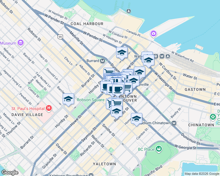 map of restaurants, bars, coffee shops, grocery stores, and more near in Vancouver