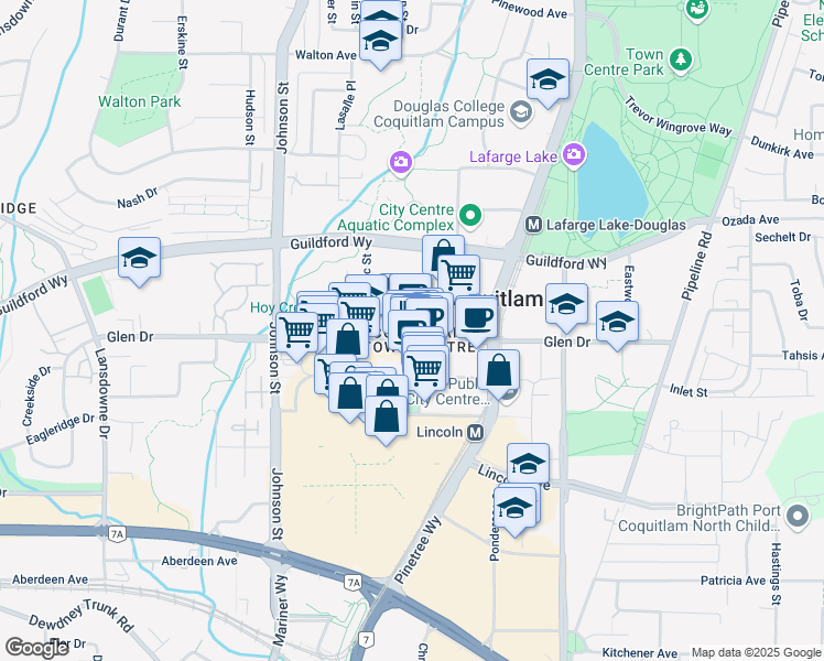 map of restaurants, bars, coffee shops, grocery stores, and more near 2973 Glen Drive in Coquitlam
