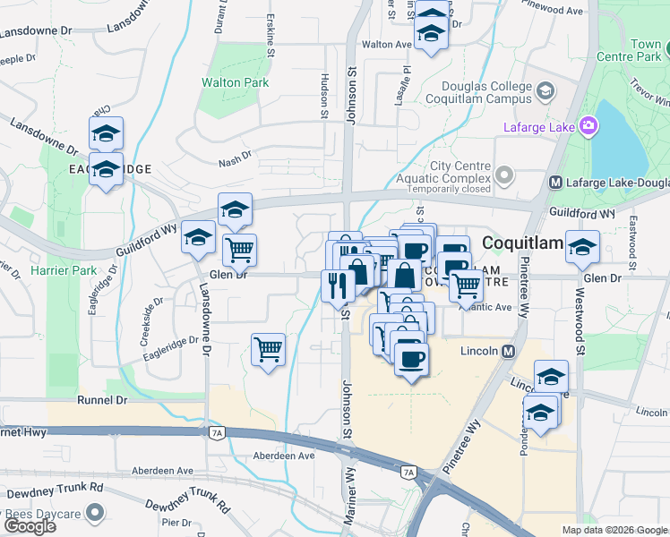 map of restaurants, bars, coffee shops, grocery stores, and more near 1175 Johnson Street in Coquitlam