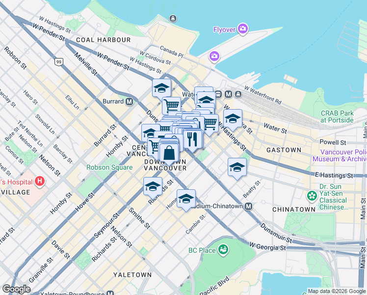 map of restaurants, bars, coffee shops, grocery stores, and more near in Vancouver